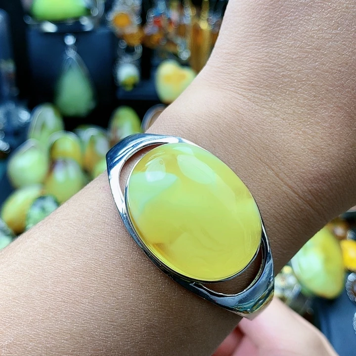 琥珀裸石银S925镶嵌手镯