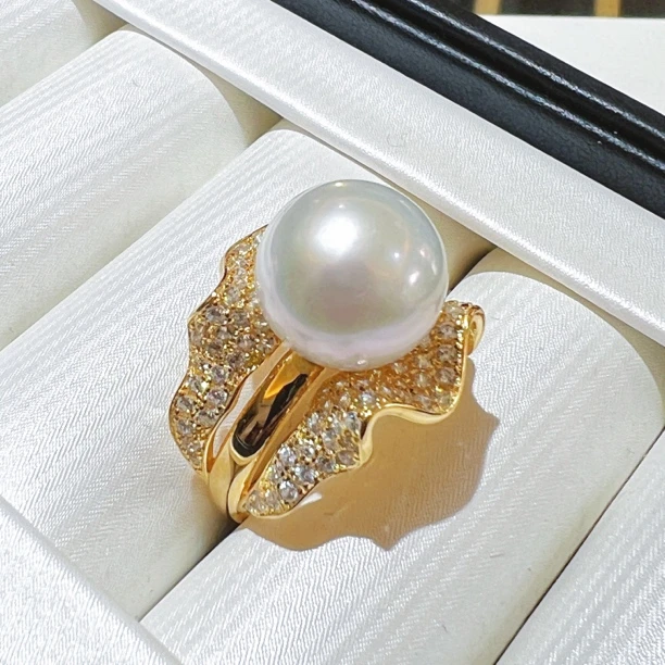 国标S925银镶嵌淡水爱迪生珍珠戒指大气百搭