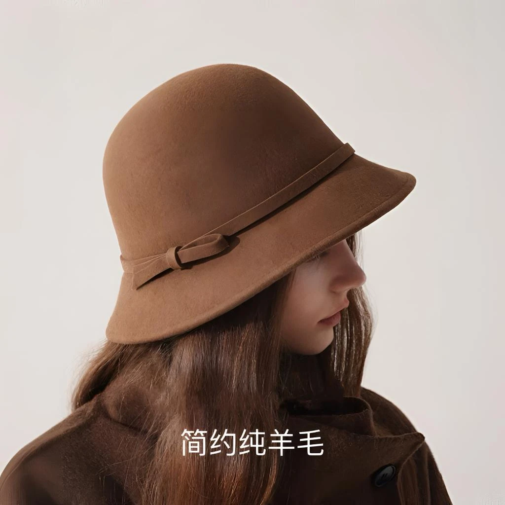 纯羊毛渔夫帽女秋冬赫本风礼帽大头围平顶帽毛呢盆帽棕色千金帽子