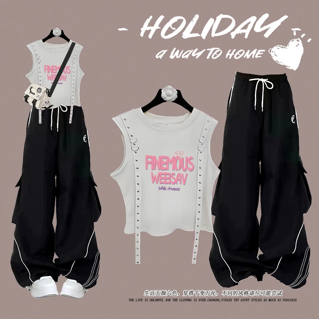 夏季中大童美式套装甜辣字母背心女设计感金属飘带上衣搭配高腰裤