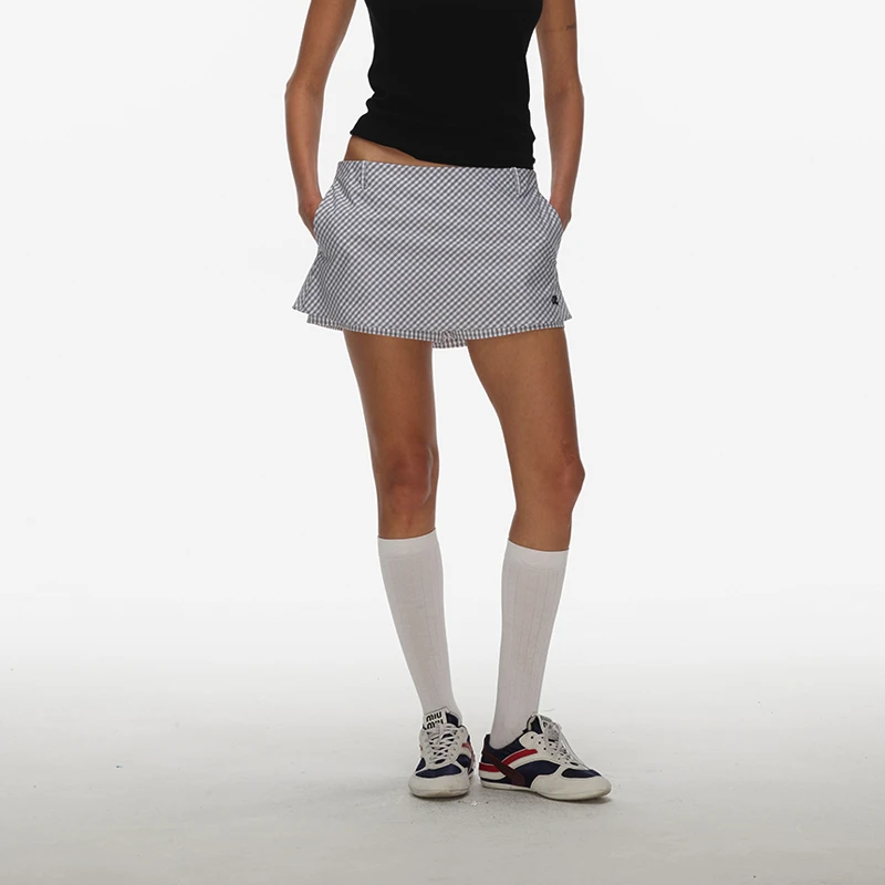 ECHOADE时髦低腰Stripe Mini Pantskirt 超短裙A字型刺绣mini裙裤