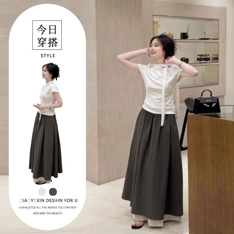 2025春夏穿搭一整套韩系小心机飘带露肩短袖T恤女撞色休闲蓬蓬裙