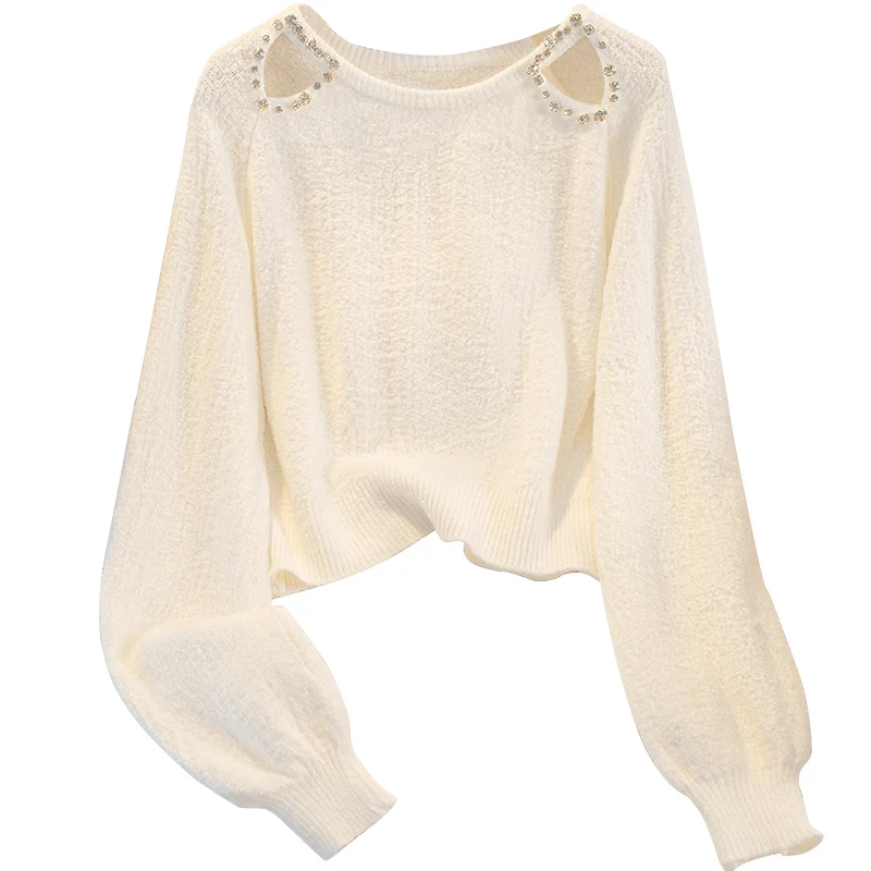 丝柏舍2025秋装新款女气质镂空宽松长袖套头镶钻针织衫S43X9696Z