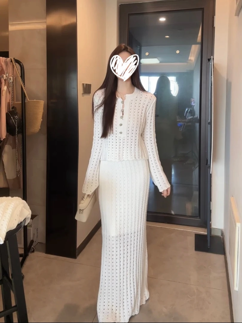 百搭小香风镂空白色套装女早秋两件套女装修身长袖上衣半身裙7201