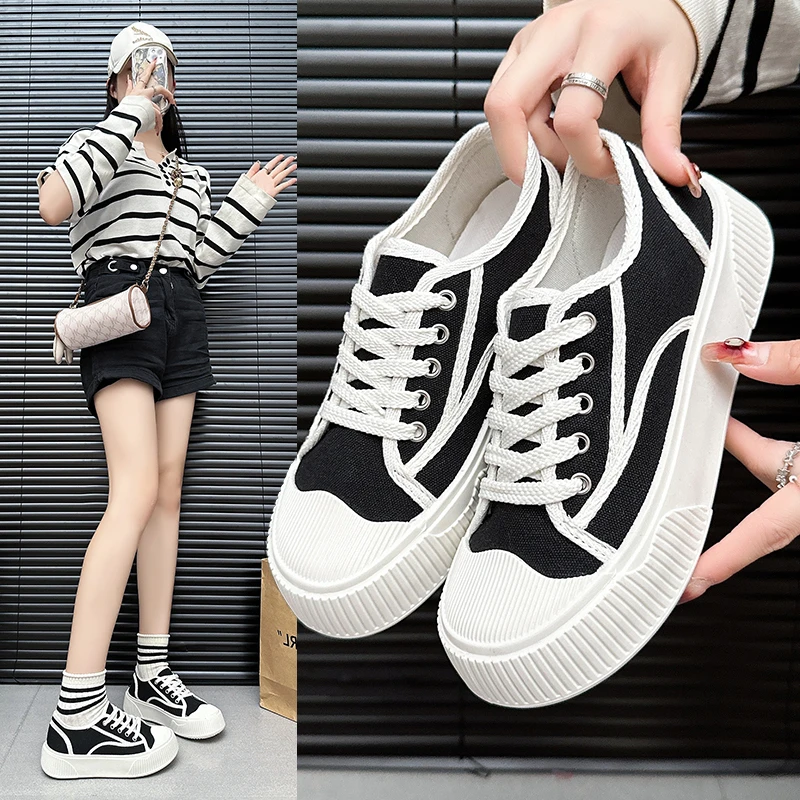 薄款帆布鞋女ins潮2025年春季新款百搭帆布鞋厚底休闲板鞋女T