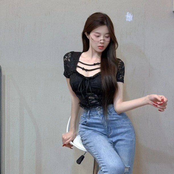 9127＃蝴蝶结系带蕾丝透感短袖上衣