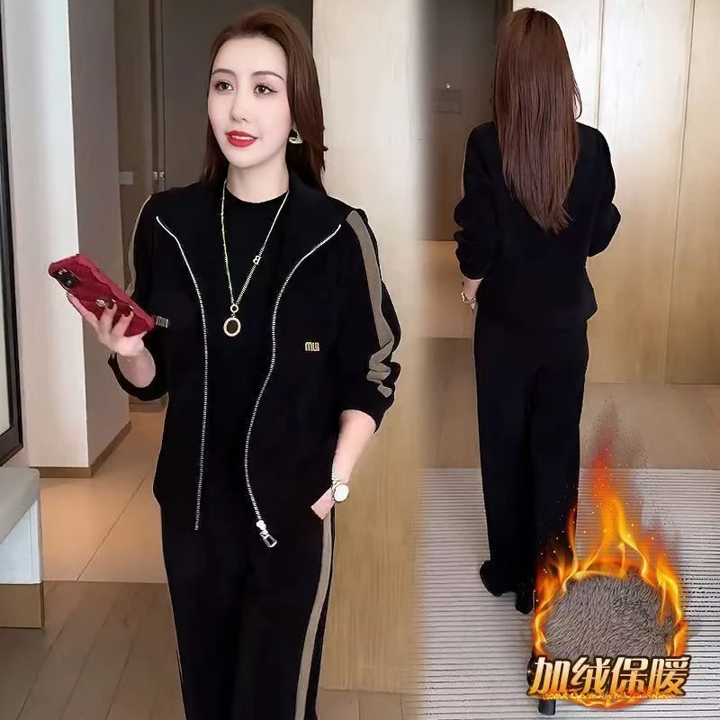 洋气减龄妈妈加绒加厚休闲套装女大码微胖mm显瘦遮肉运动服两件套