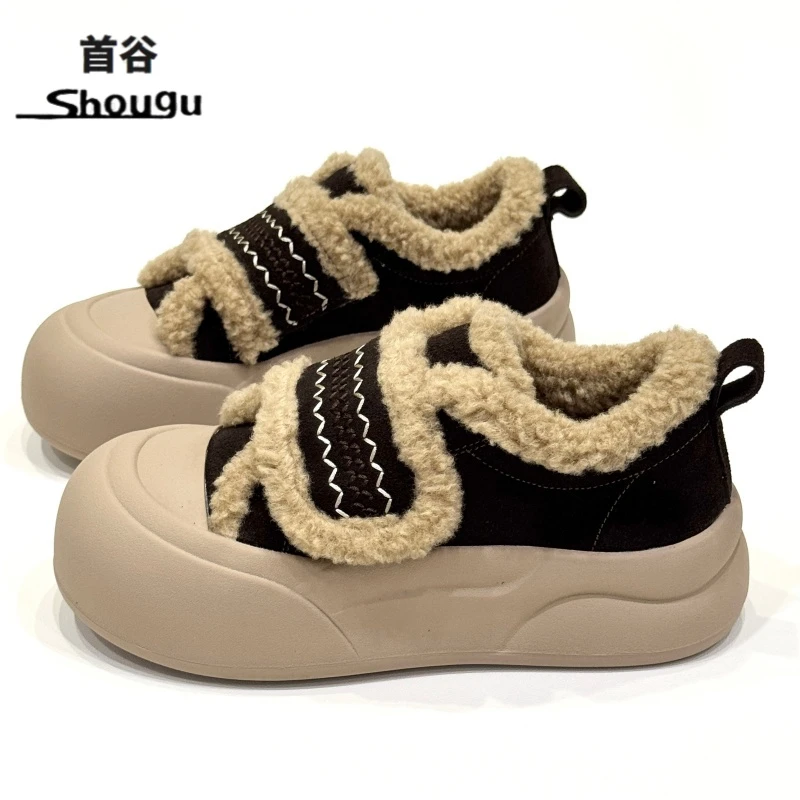 shougu/首谷魔术贴加绒保暖毛毛鞋大头面包松糕增高板鞋休闲鞋女