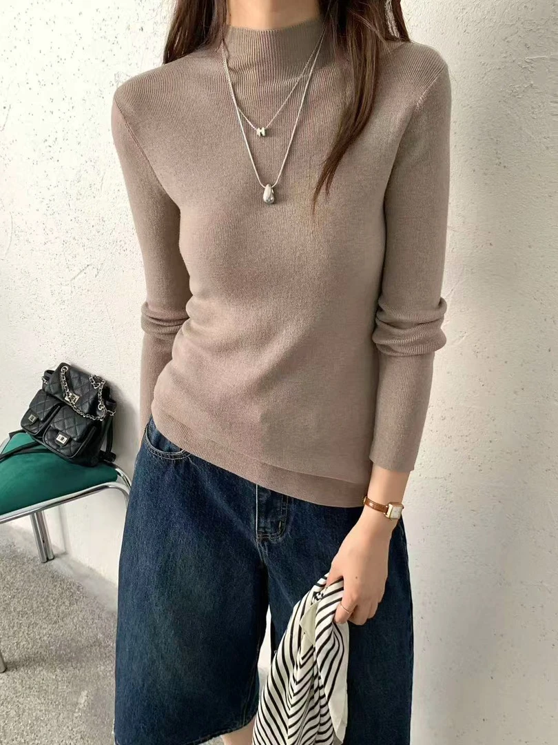 法式半高领美丽诺细羊毛女针织打底衫修身内搭软糯亲肤时尚百搭