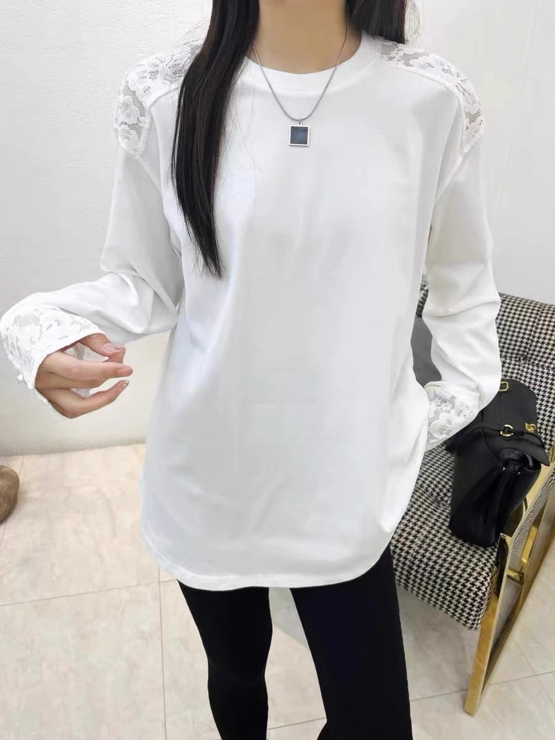【8539】佰#休闲百搭蕾丝拼接宽松长袖上衣