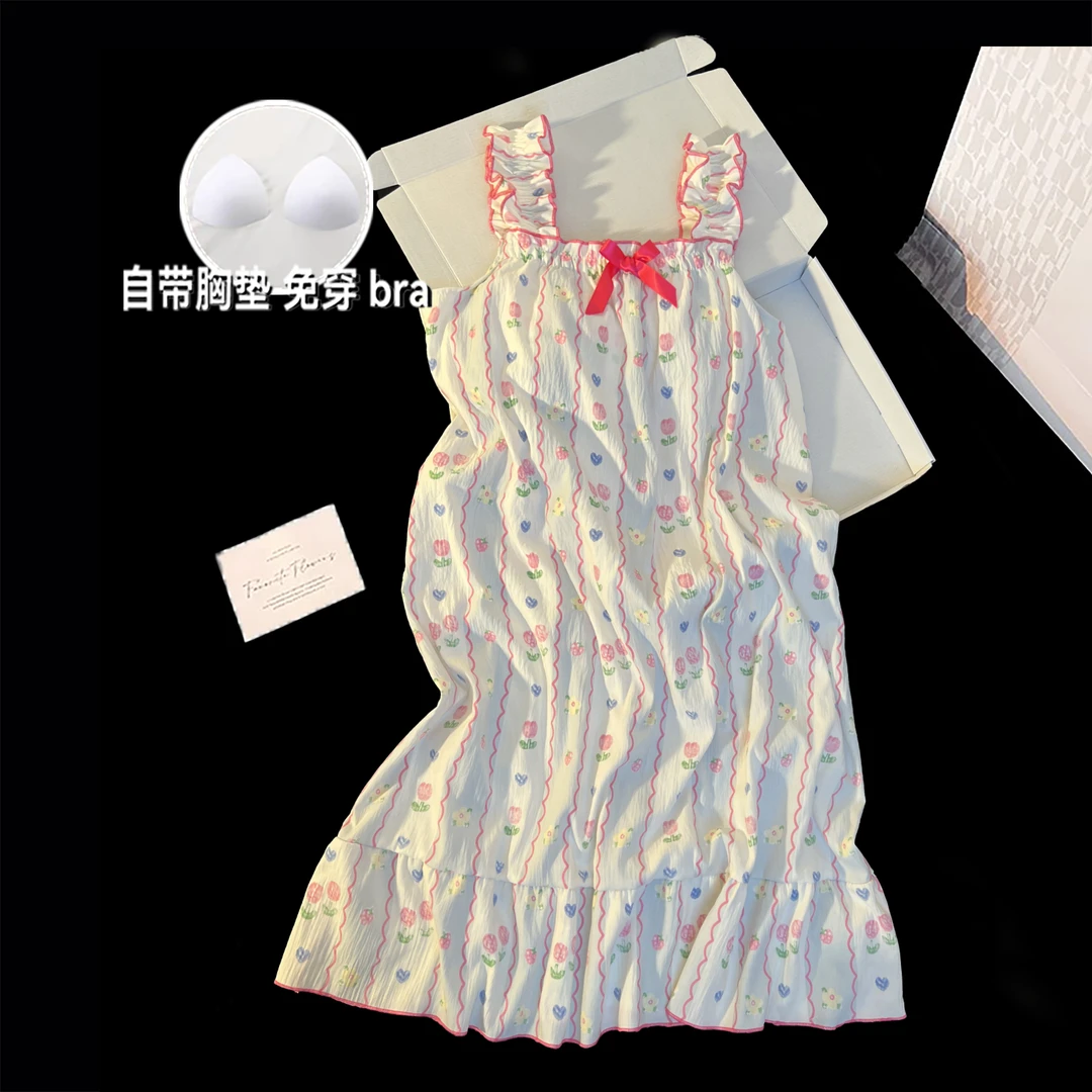 2025睡裙夏季新款甜美吊带少女带胸垫可外穿睡裙中长款睡衣公主风