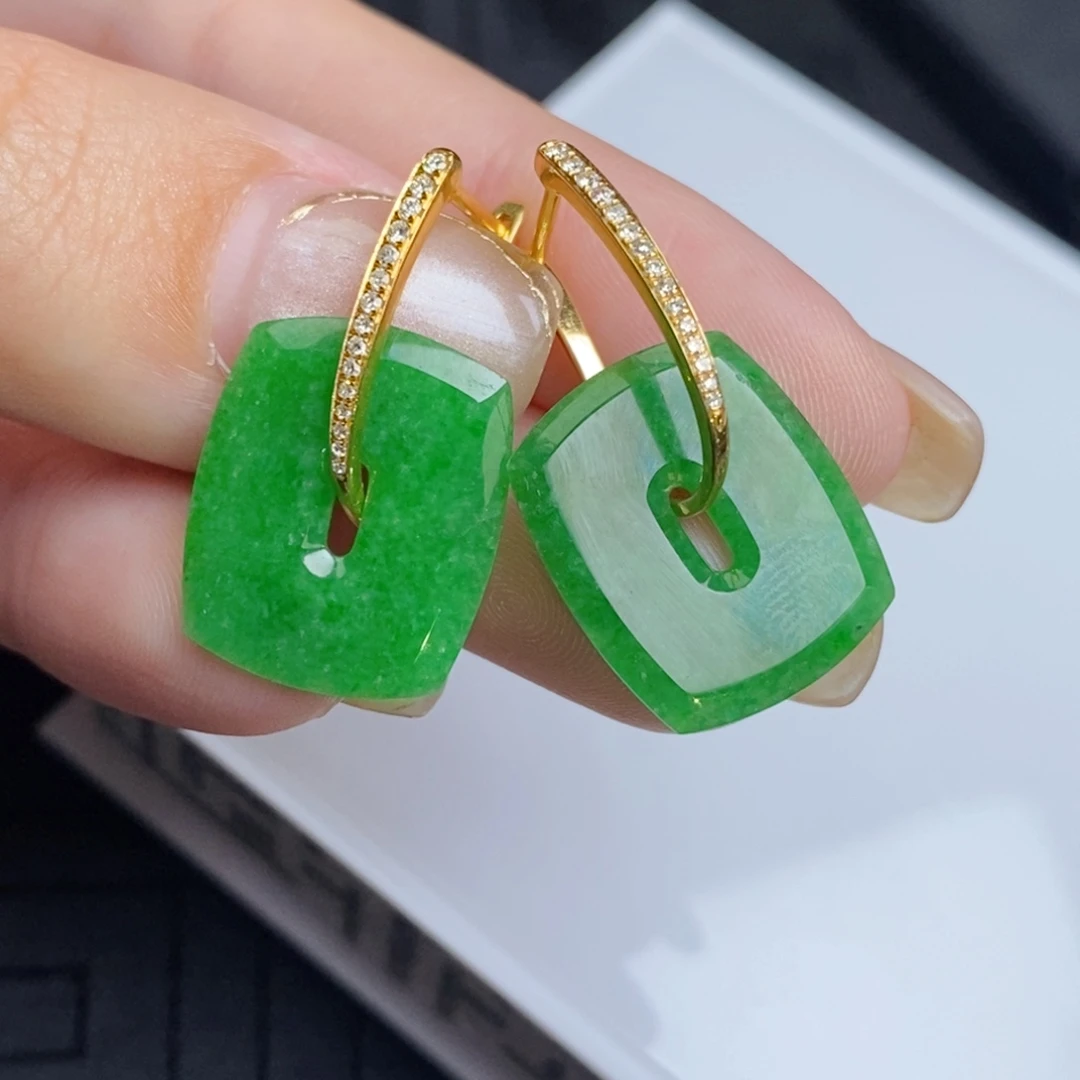 翡翠18K金镶嵌耳饰方糖