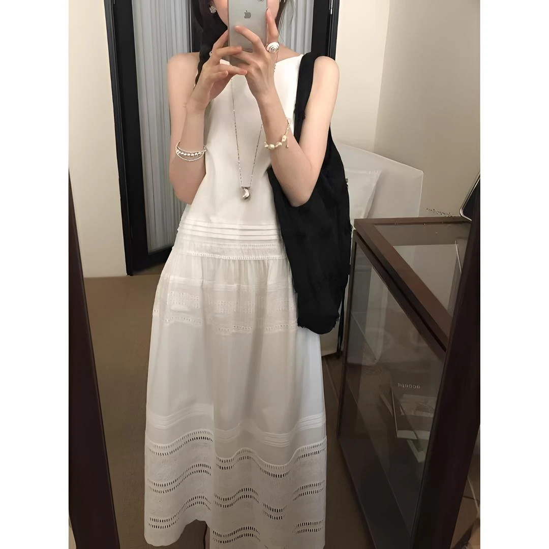 【怡人】细节满满多蕾丝拼接拼接无袖刺绣苎麻宽松压褶连衣裙吊带裙