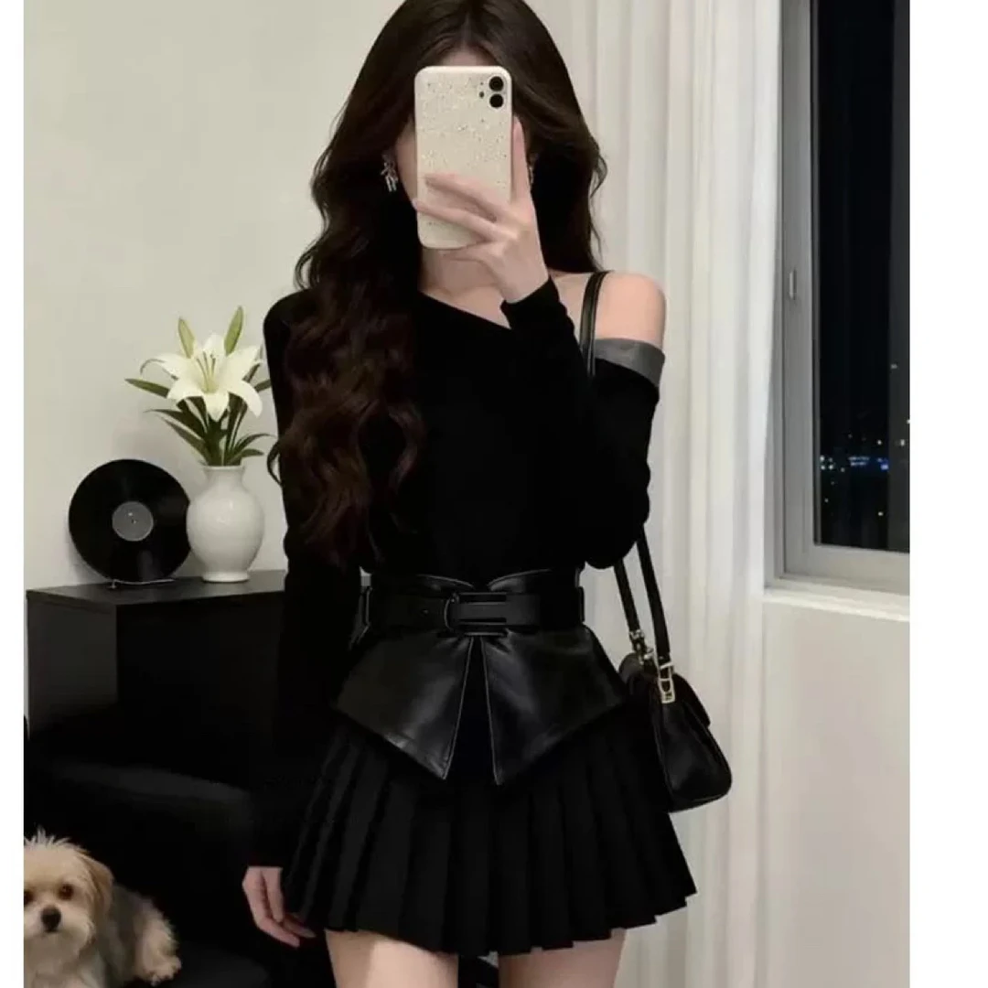 元元子专属秋冬新款法式高级感黑色露肩百褶套装裙女