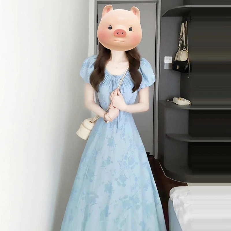 【现货+运补】法式蓝色泡泡袖连衣裙女夏季海边度假收腰长裙3324