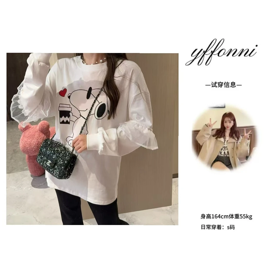 【YFONI】爱心史努比水印蕾丝袖上衣