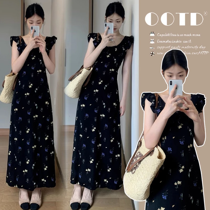 YNVO时尚~孕妇装法式小飞袖黑碎花连衣裙夏季2025新款海边度假裙