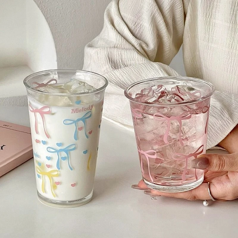 媚家可爱ins风少女心蝴蝶结玻璃咖啡杯家用喝水高颜值杯子冷饮杯