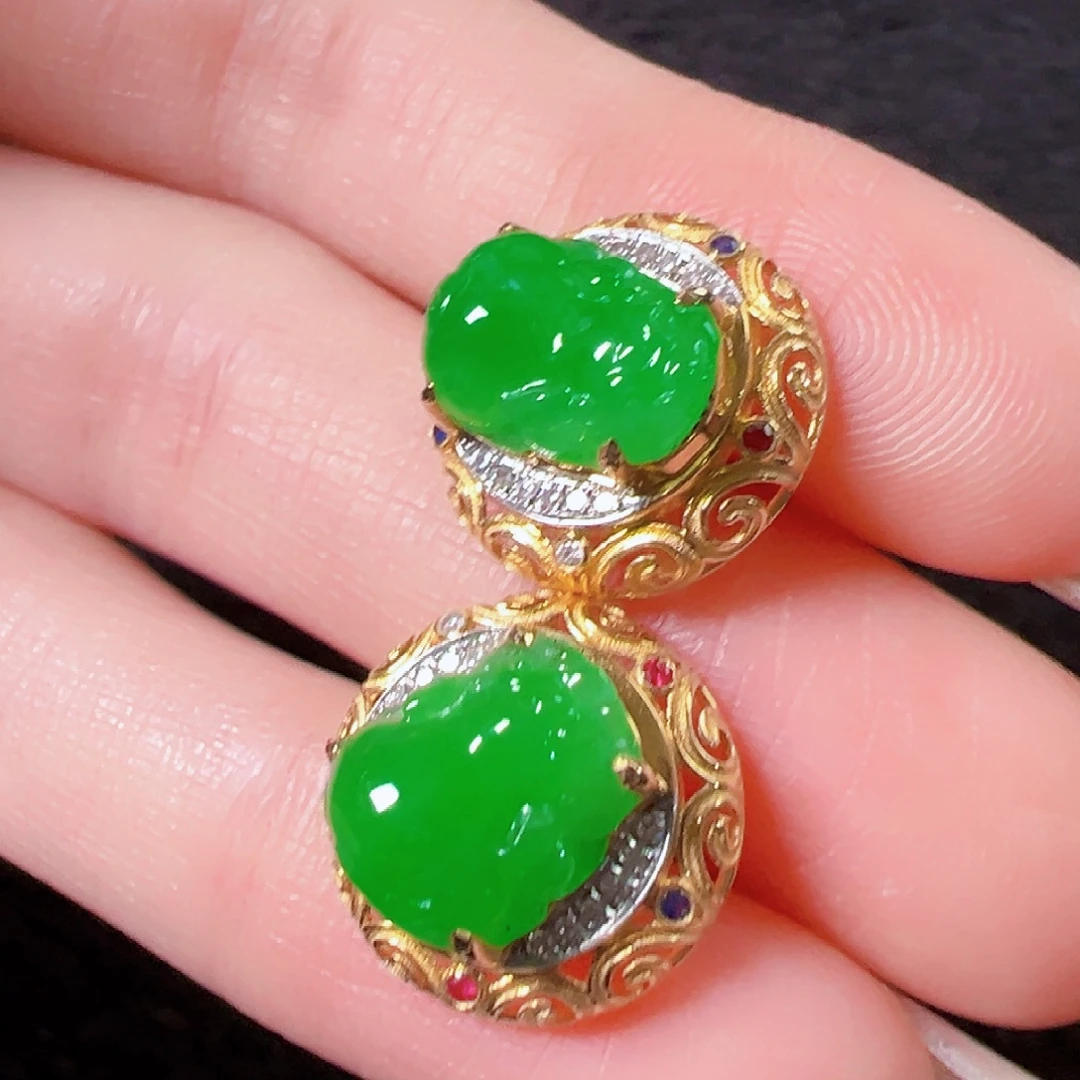 翡翠18K金镶嵌耳饰签收后24小时鉴赏期，过时不退