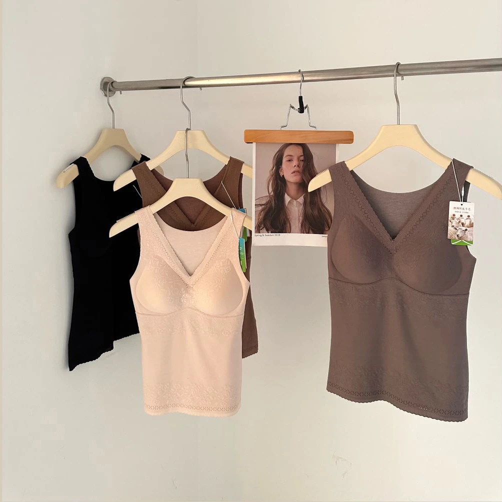 薄绒V领绵羊毛蕾丝保暖背心H8163