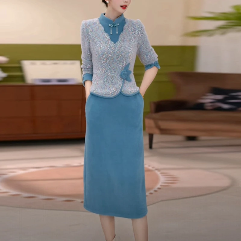 雪花绒气质女装2025秋冬季新款高级感时尚加厚保暖假两件连衣裙子