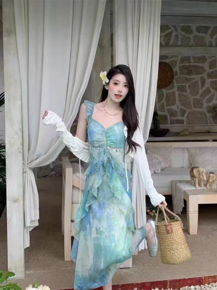 2025春季气质纯色皴皱吊带裙打底上衣两件套装HJ-1736