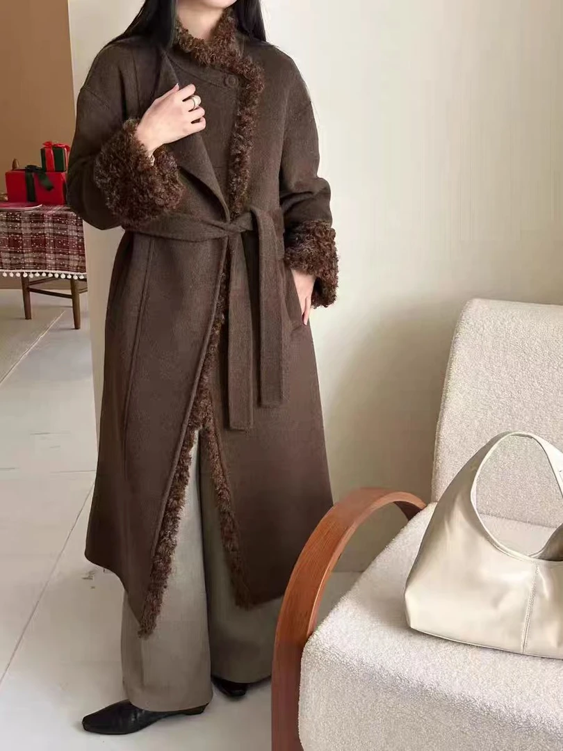 长款毛呢外套韩版宽松娃娃领大衣双面轻奢外套