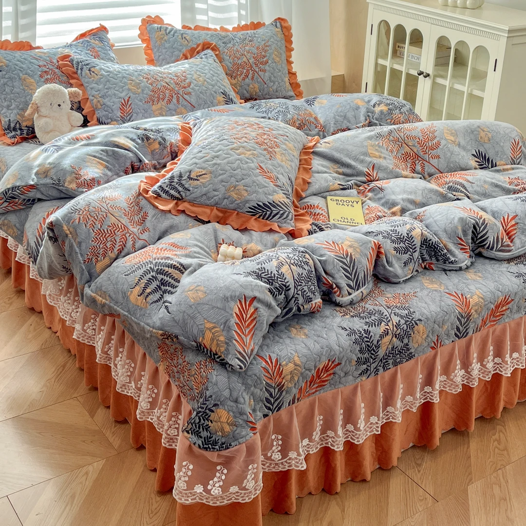 新款印花蕾丝花边牛奶绒床盖四件套家用保暖好看实惠秋冬季