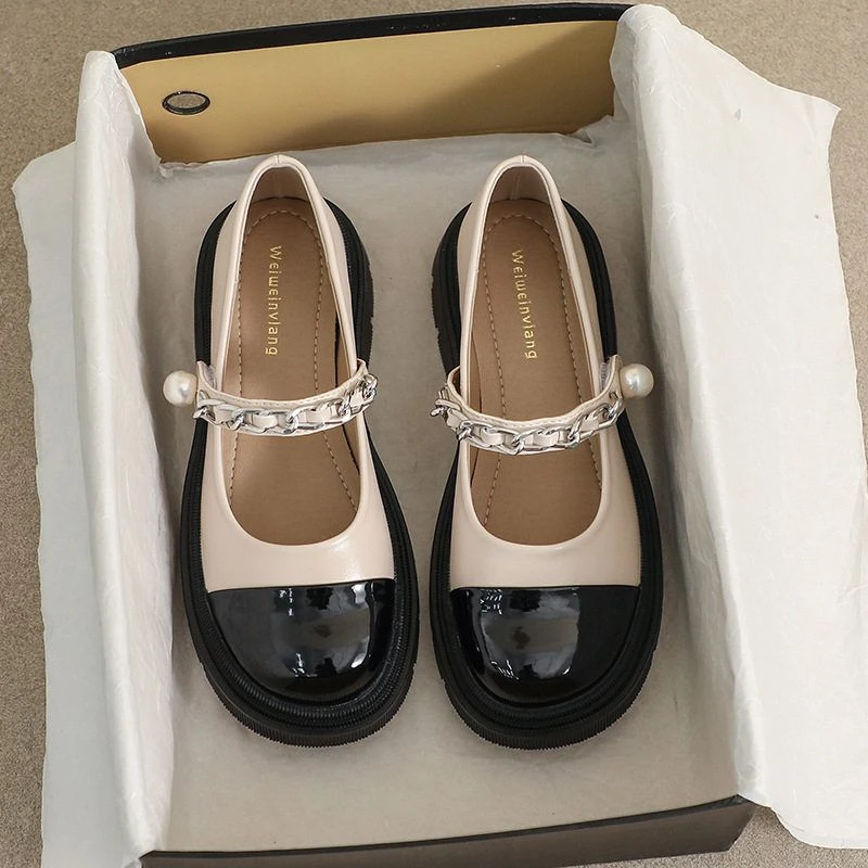 粗跟拼色圆头玛丽珍鞋夏季单鞋上班平底鞋软底明星百搭小众鞋子