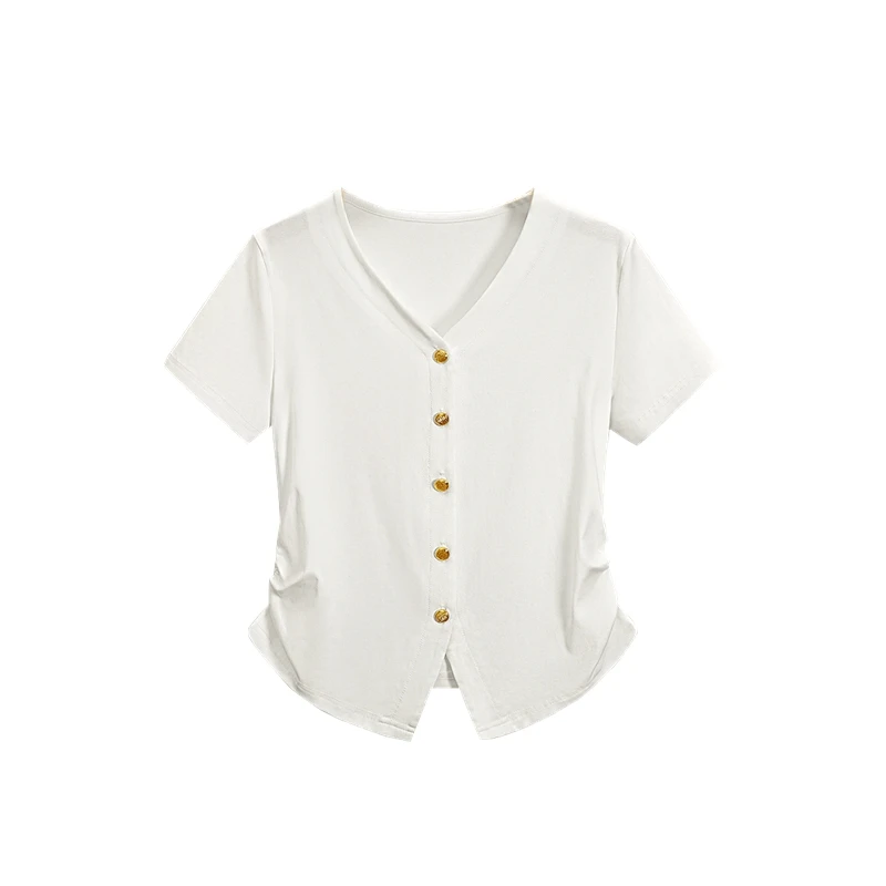 她池2025夏季新款女装短袖正肩抽褶修身简约短款V领T恤T52X2301T