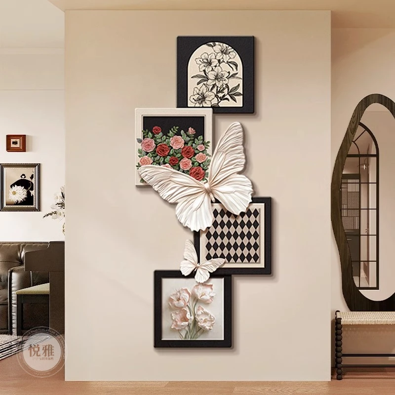 法式中古风入户玄关装饰画玫瑰蝴蝶壁灯客厅挂画高档走廊过道壁画