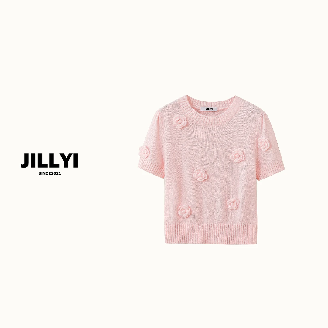 JILLYI【樱花草】粉色樱花系花朵针织短袖时尚休闲百搭夏季圆领