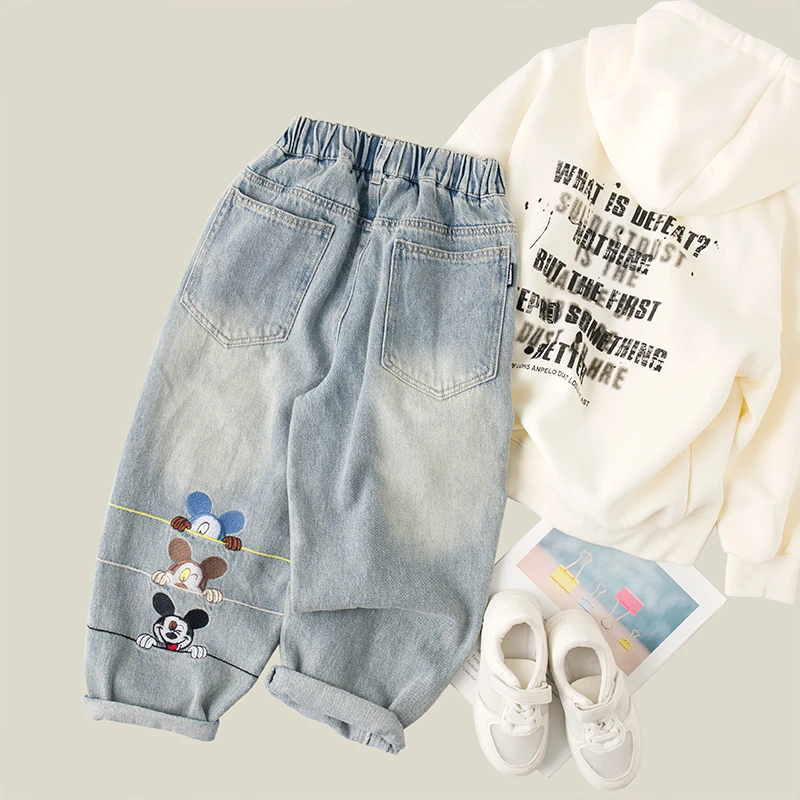 吴小越w914男童春款米奇牛仔裤刺绣年货痞帅男孩新款韩版长裤