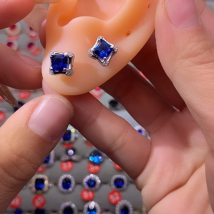 蓝宝石耳饰银S925镶嵌