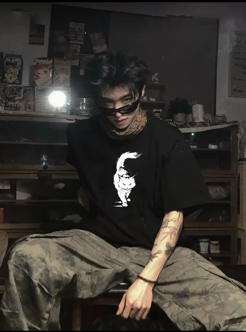 HUOSHAN纯棉重磅短袖T恤男夏季猫咪印花休闲上衣半袖圆领情侣