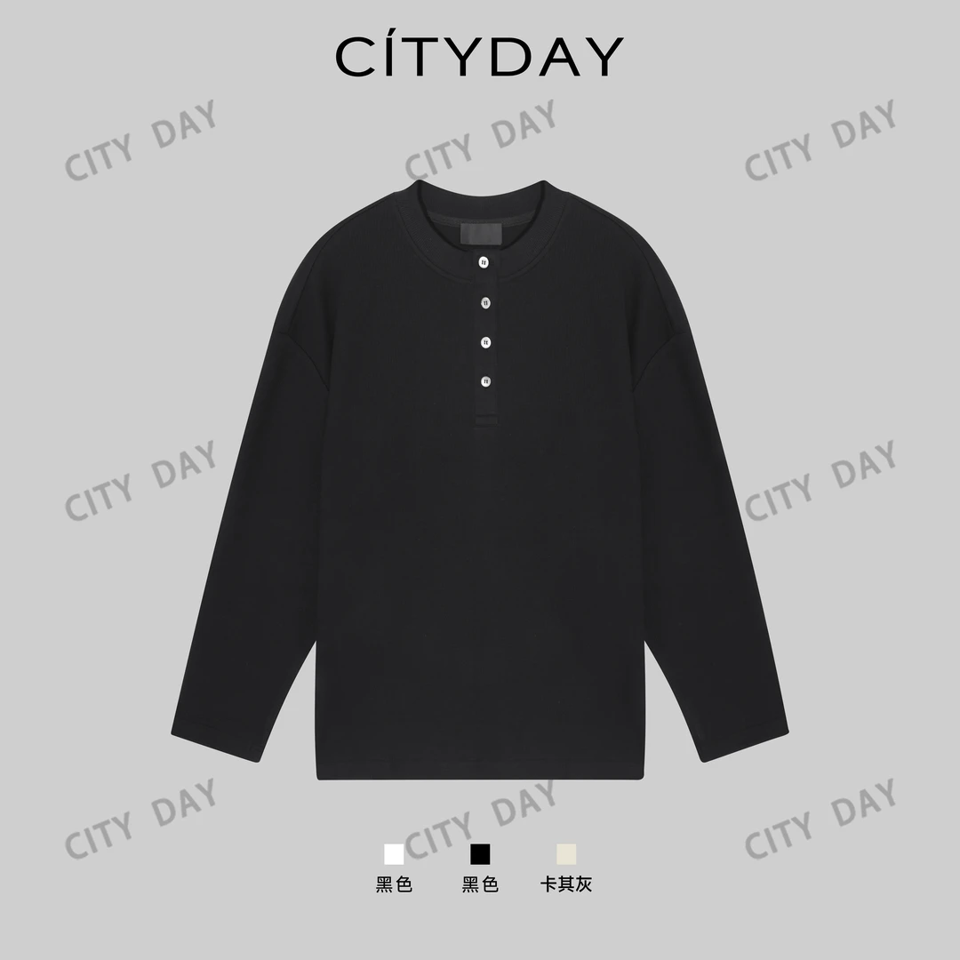 CityDay【楠哥】高支棉静奢亨利领长袖老钱风廓形长袖极简T恤 25001