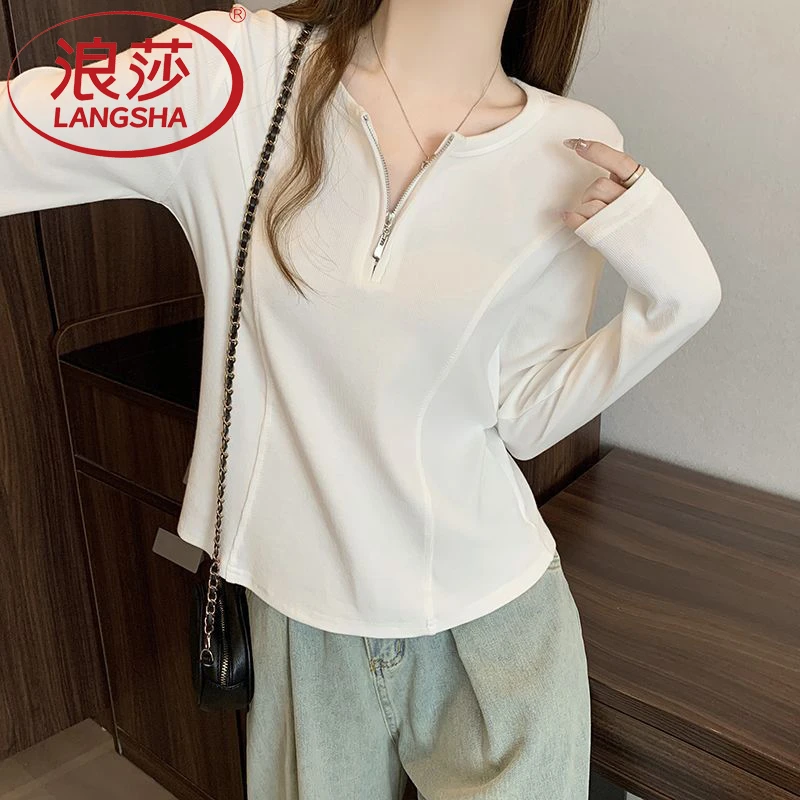 浪莎大码女装早秋长袖时尚T恤打底衫韩版半拉链洋气宽松休闲上衣