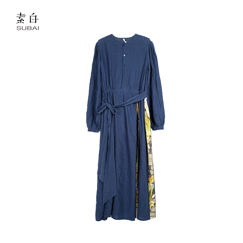 素白【心动】干洗亚麻拼接连衣裙SB2501LQ01103