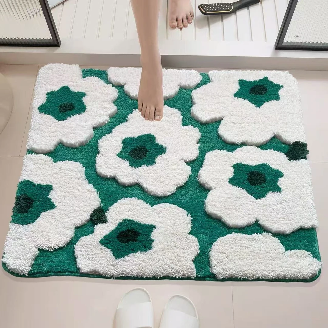 【爆款植绒 加厚款】浴室地垫吸水垫植绒可机洗防滑地毯-山茶花（绿）
