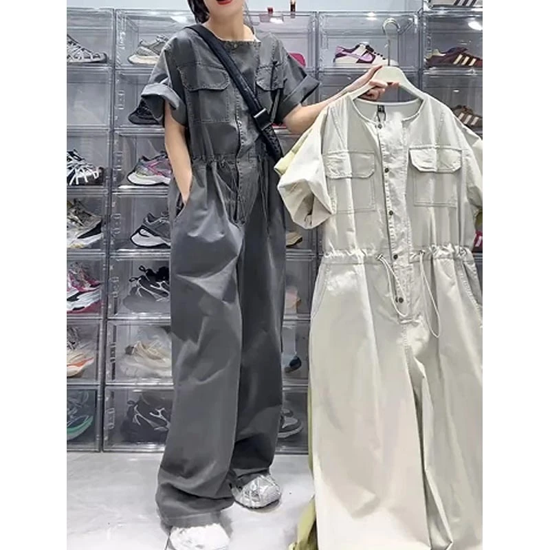 2025夏季新款小众工装风减龄连体裤女宽松显瘦抽绳收腰百搭阔腿裤