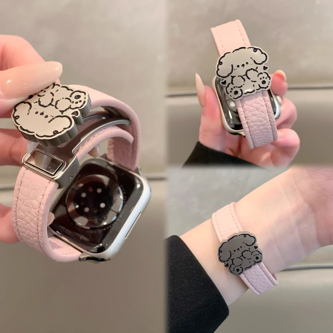 适用苹果手表S10细款荔枝纹皮iwatchS9可爱小狗S8磁吸扣S7表带SE