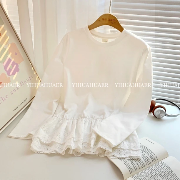 【满分伴侣】B东大门韩版减龄显瘦拼接花边设计感T恤9989