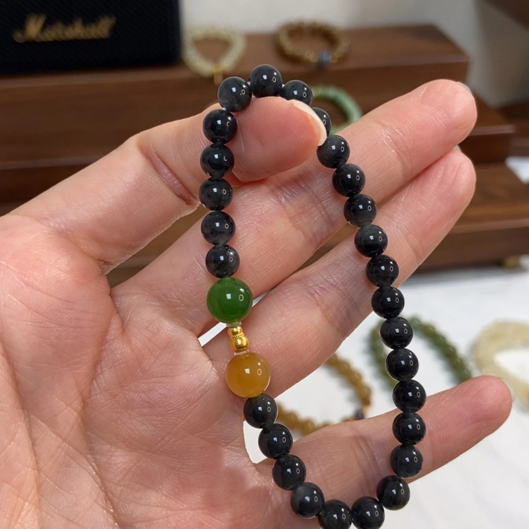 和田玉18K金镶嵌手链6mm墨玉青花