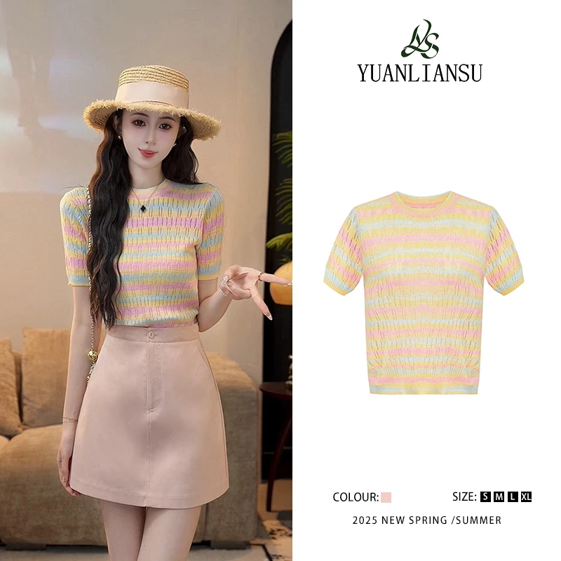 YUANLIANSU/圆脸酥【夏日蝶影】2025小香风圆领彩色条纹短袖针织衫