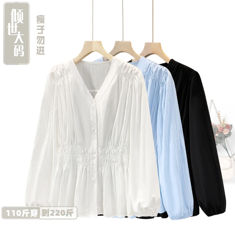 胖妹秋装新品大码衬衫V领温柔收腰巨显瘦衬衣外穿叠穿长袖上衣