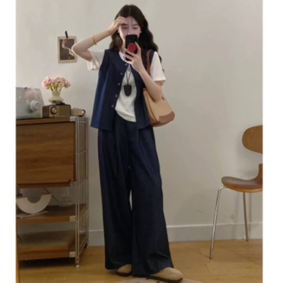 大码休闲套装夏季马甲上衣短袖T恤遮肉显瘦阔腿裤三件套