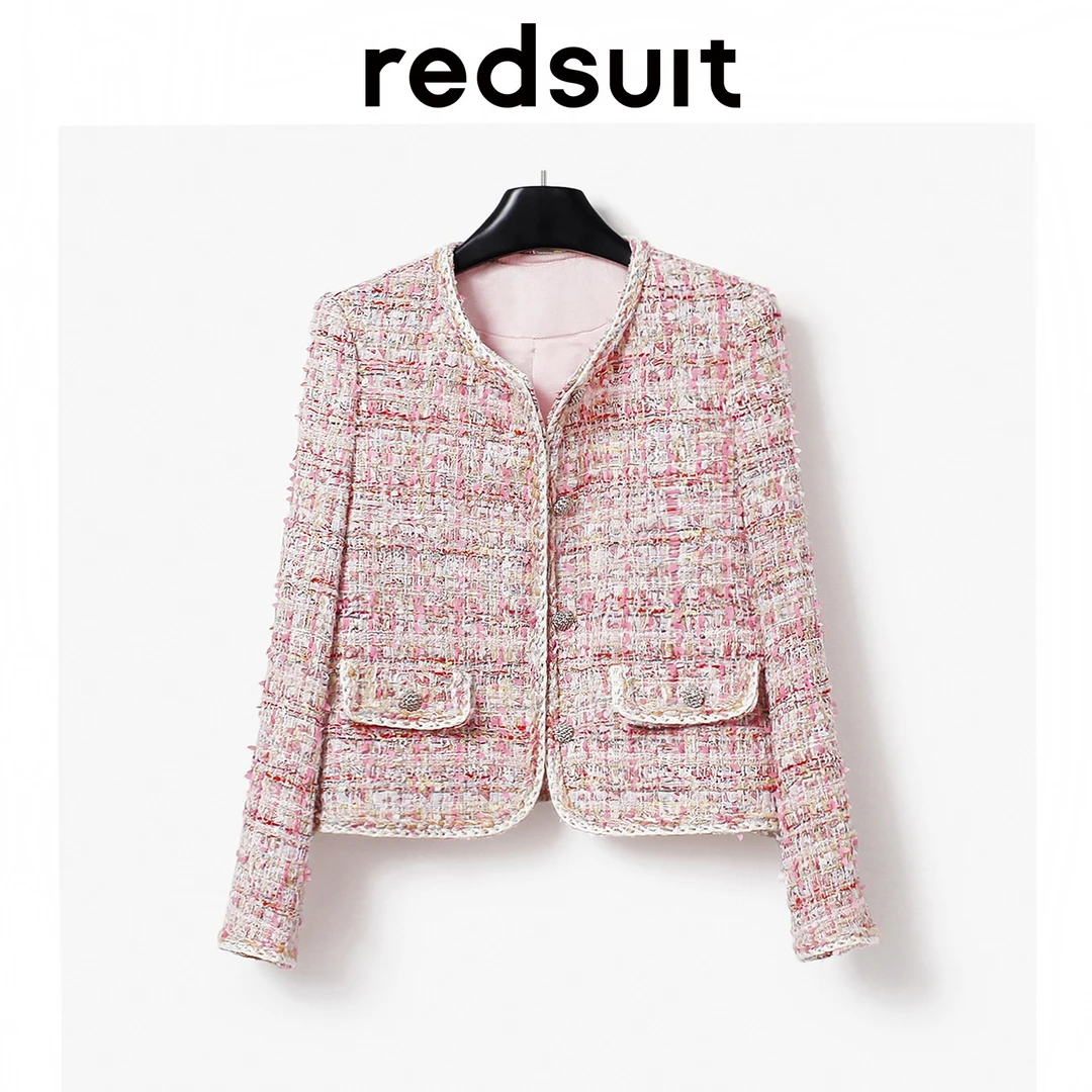 redsuit 气质少女感减龄粉色圆领小香风粗花呢外套名媛通勤上衣