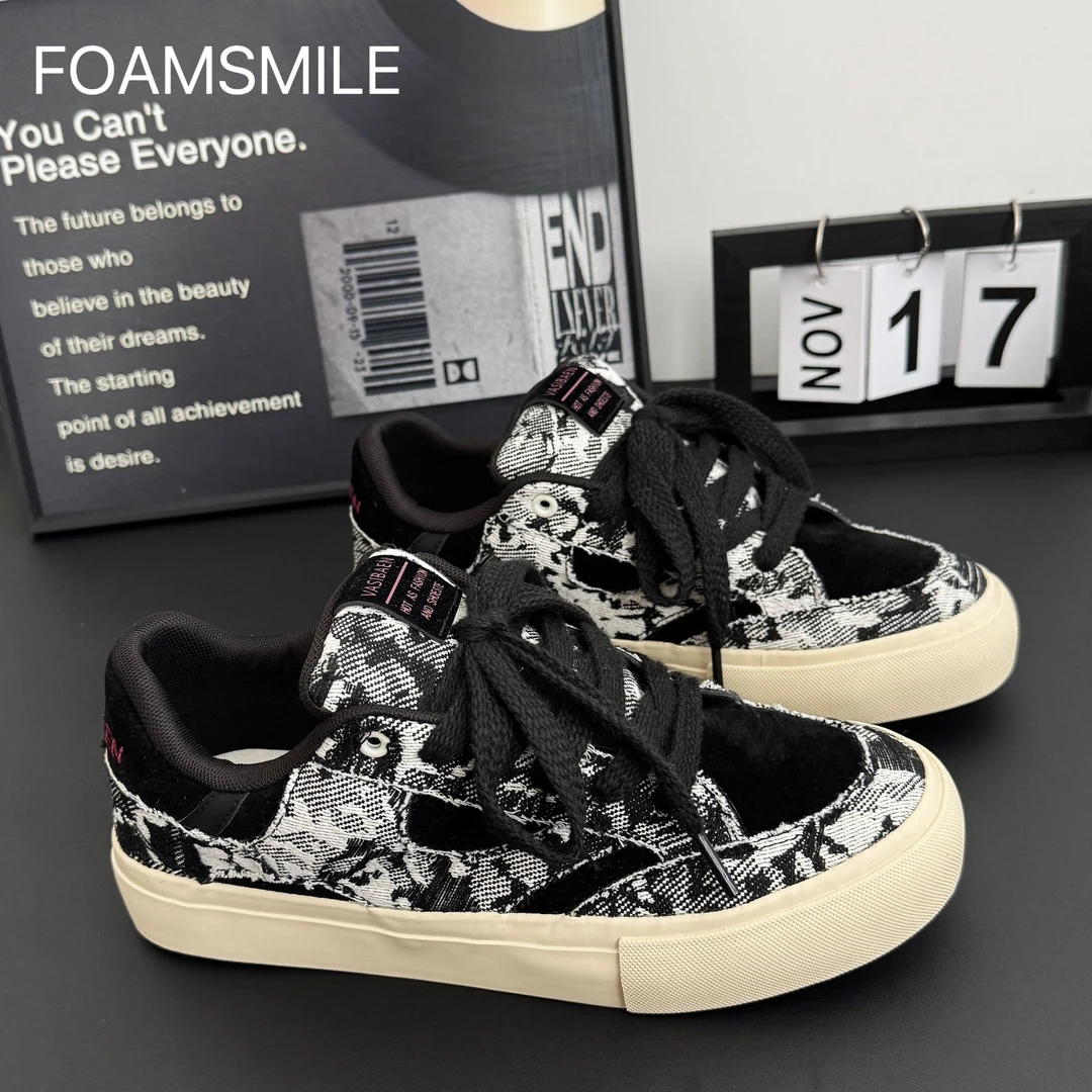 Foamsmile|  高街酷帅秋冬学院风运动休闲流苏牛仔板鞋男士厚底鞋