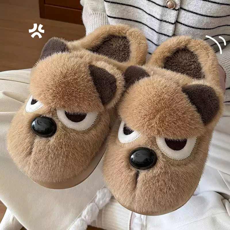 可爱小狗毛毛拖鞋女冬季2025新款室内居家保暖防滑卡通毛绒棉拖鞋