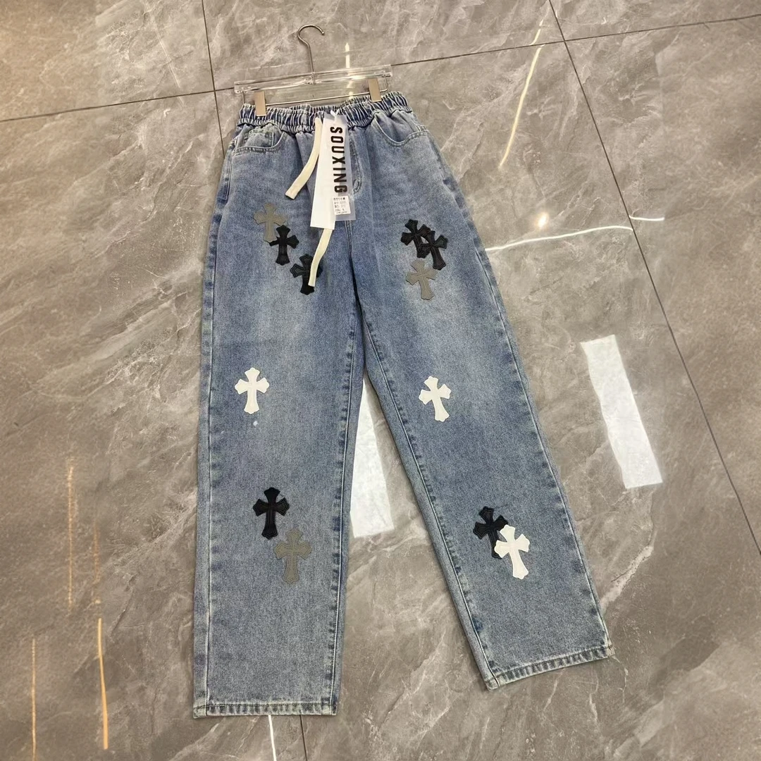 美式高街十字刺绣图案直筒裤